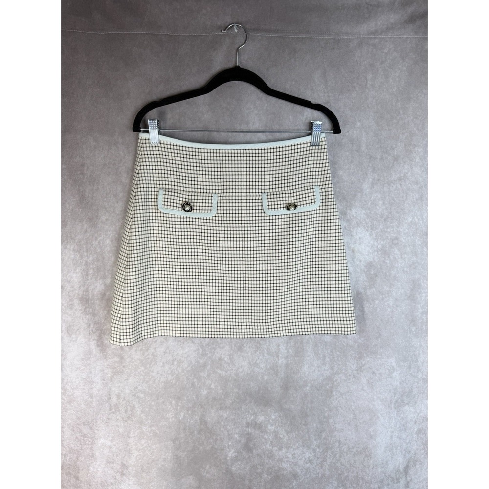 Self-Portrait Flower Embellished Monochrome Checked Mini Skirt In Ivory Sz US 6